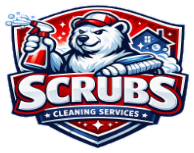 Scrubs Cleaning Service emblem — a polar bear in a red cap holding a spray bottle and a scrub brush